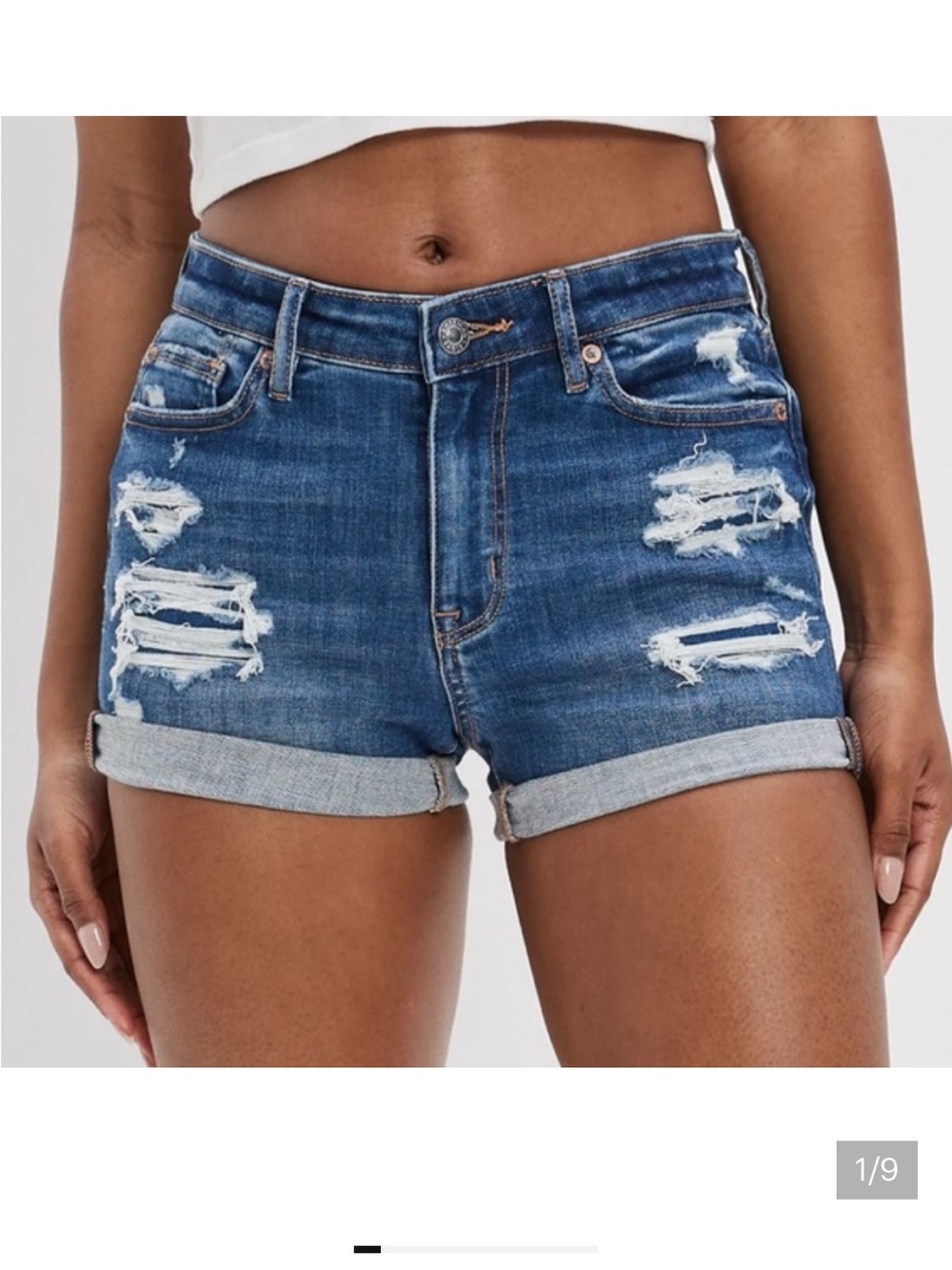 American Eagle Distressed High V- Rise  Shortie Denim Shorts Size 16